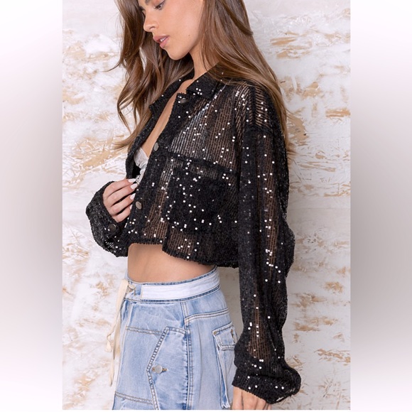 Oversized Button Down Black with Silver Sequins Cropped Blouse - Picture 4 of 9